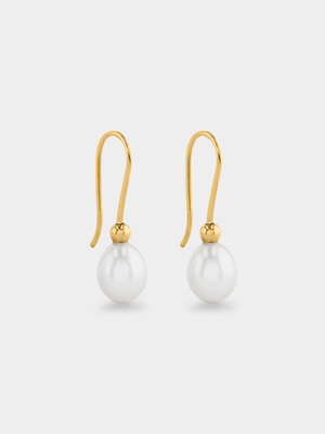 Yellow Gold, 7mm Oval Fresh Water Pearl Drop Earrings