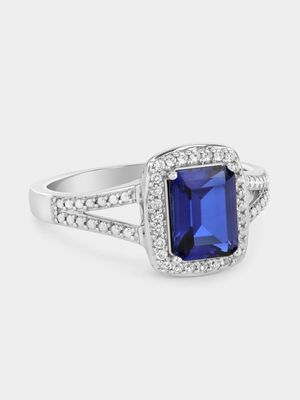 Sterling Silver Diamond & Created Blue Sapphire Rectangle Halo Ring