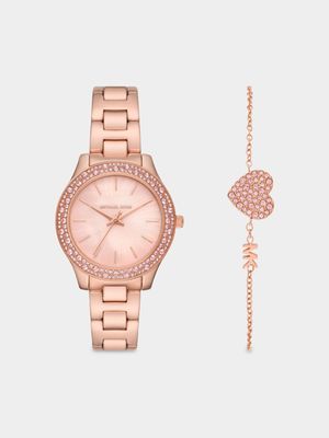 Michael Kors Women's Liliane Stainless Steel Rose Gold Plated Watch & Bracelet Set