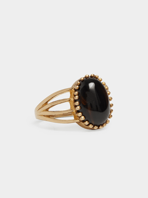 18ct Gold Plated Split Shank Black Oval Ring
