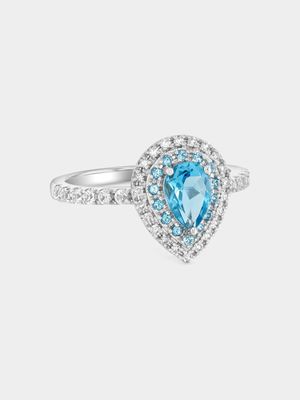 White Gold Diamond & Swiss Blue Topaz Pear Double Halo Ring