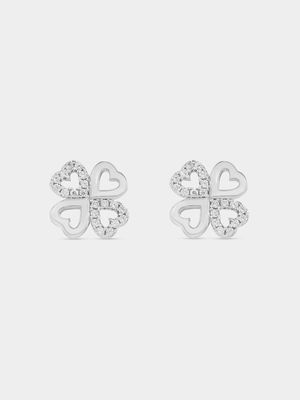 Sterling Silver Cubic Zirconia Clover Heart Stud Earrings