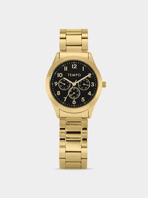Tempo Gents Gold Toned Analogue Black Multi-Dial Look Watch
