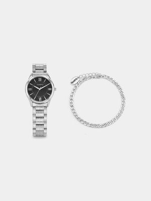Tempo Silver Plated Black Dial Bracelet Watch & Bracelet Set
