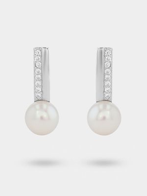 Sterling Silver Freshwater Pearl & Cubic Zirconia Bar Women's Earrings