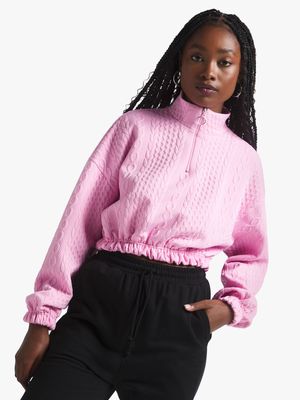 Women's Pink Cable Knit Cropped Sweat Top