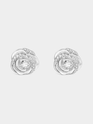 Sterling Silver Diamond & Created Sapphire Rose Stud Earrings