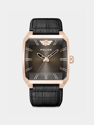 Police Omaio Rose Plated Stainless Steel Black Leather Watch