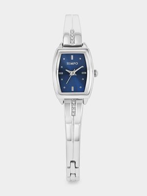 Tempo Silver Plated Blue Tonneau Dial Bangle Watch
