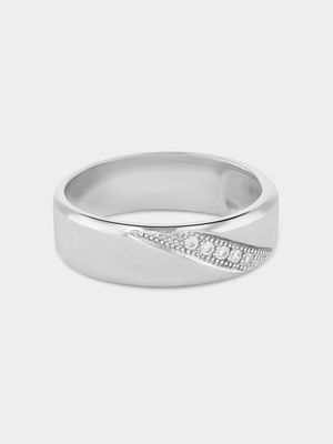 Sterling Silver Cubic Zirconia Men’s Diagonal Channel Beaded Ring