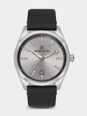 Daniel Klein Silver Plated Light Grey Dial Black Leather Watch