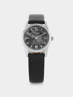 Tempo Women’s Silver Plated Black Dial Black Leather Watch