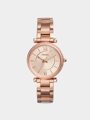 Fossil Ladies Carlie Three-Hand Rose-Tone Stainless Steel Watch