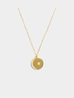18ct Gold Plated Pave Moon & Star Disk Pendant on Chain