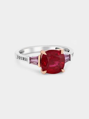 White & Rose Gold Lab Grown Ruby & Pink Sapphire Women’s Cushion Ring