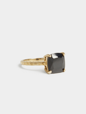 18ct Gold Plated Organic Ring with Large Square Black CZ Center