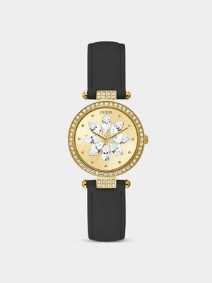 Guess Women’s Full Bloom Gold Plated Stainless Steel Black Leather Watch