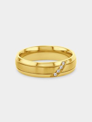 Stainless Steel Gold Plated Cubic Zirconia Diagonal Groove Ring
