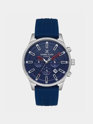 Daniel Klein Silver Plated Blue Silicone Chronographic Watch