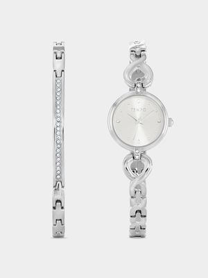 Tempo Silver Dial Silver Plated Crystal Watch 2 Piece Set