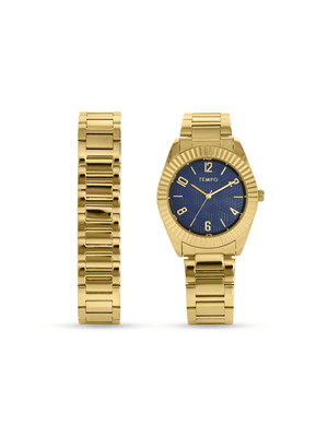 Tempo Men’s Gold Tone Blue Dial Bracelet Watch Set