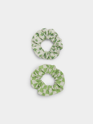 2pk Green Apples & Checkered Scrunchie Set