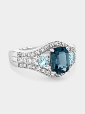 White Gold Diamond & Blue Topaz Cushion-Cut & Round-Cut Ring
