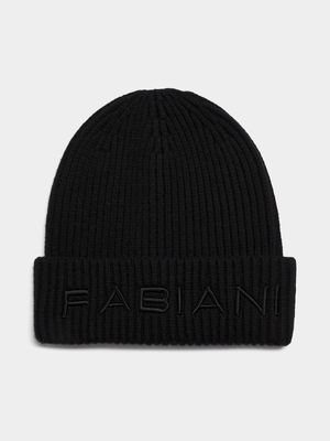 Fabiani Men's Embroidered Ribbed Black Beanie