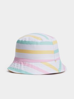Girl's Yellow & Stripe Print Reversible Bucket Hat