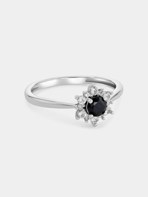 Sterling Silver Diamond & Black Sapphire Starburst Round Halo Ring