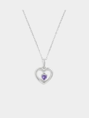 Sterling Silver Amethyst Purple Cubic Zirconia February Birthstone Kid’s Heart Pendant