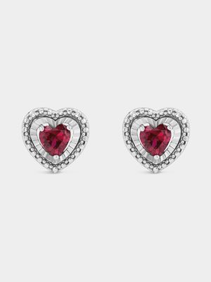 Sterling Silver Diamond & Created Ruby Heart Halo Stud Earrings