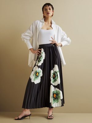 Women's Iconography Pleated Print Maxi Skirt