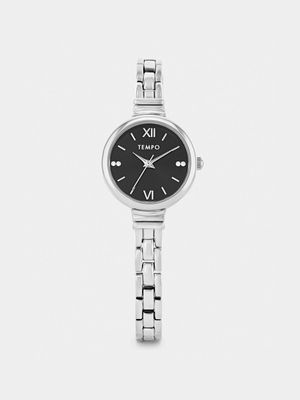 Tempo Silver Plated Black Dial Skinny Bracelet Watch