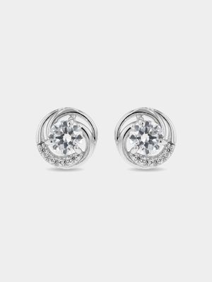 Sterling Silver Cubic Zirconia Women's Curved Solitaire Stud Earrings