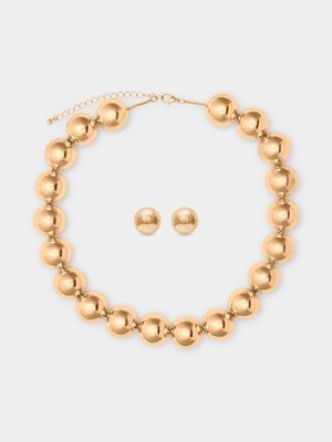 18ct Gold Plated Chunky Ball Necklace & Stud Set