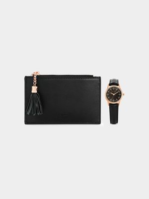 Minx Women’s Rose Plated Black Dial Black Faux Leather Watch & Purse Set