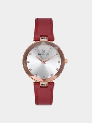 Daniel Klein Women’s Rose Plated Silver Dial Red Leather Watch