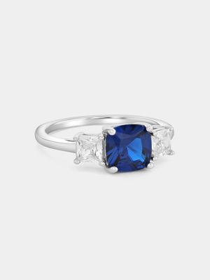 Sterling Silver Sapphire Blue Cubic Zirconia Princess Trilogy Ring