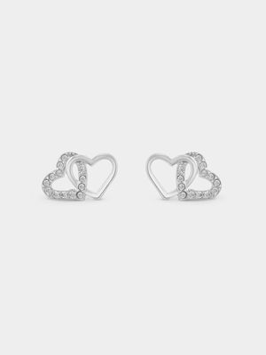 Sterling Silver Cubic Zirconia Double Open Heart Stud Earrings