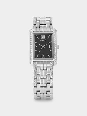 Tempo Timepiece Collection Silver Plated Black Dial Rectangle Bracelet Watch