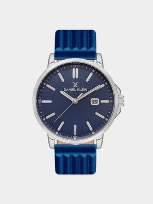 Daniel Klein Men’s Silver Plated Blue Leather Watch