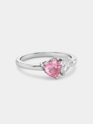 Sterling Silver Pink Cubic Zirconia Heart & Pear Ring