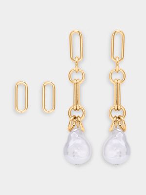18ct Gold Plated Chain Pearl Drop Earring & Stud Set