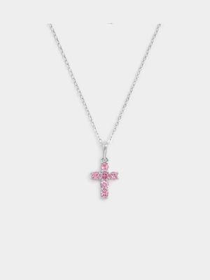 Sterling Silver Pink Cubic Zirconia Cross Pendant