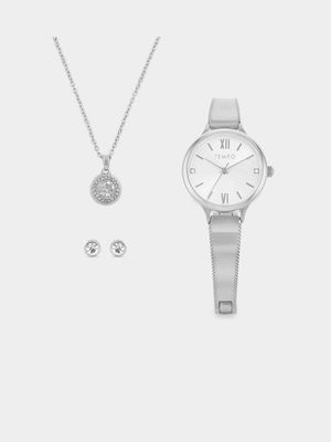 Tempo Silver Plated Bangle Watch, Pendant & Stud Earrings Gift Set