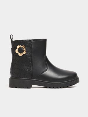 Younger Girl's Black Flower Buckle Chelsea Boots