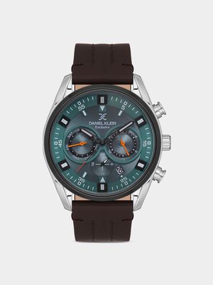Daniel Klein Silver Plated Aqua Dial Chronographic Brown Leather Watch