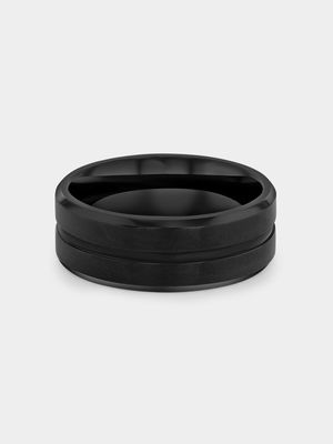 Brushed Stainless Steel Black-Toned Groove Detail Men’s Ring