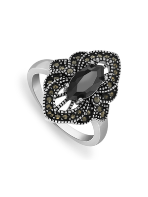 Sterling Silver Marcasite & Black Cubic Zirconia Women’s Cathedral Ring